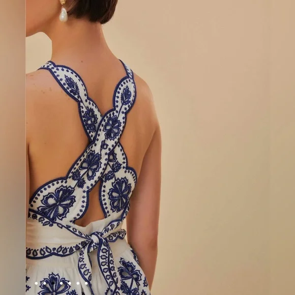 FARM RIO Off-White Cut Out Elegant Floral Halter Embroidered Linen Midi Dress - Picture 6 of 10